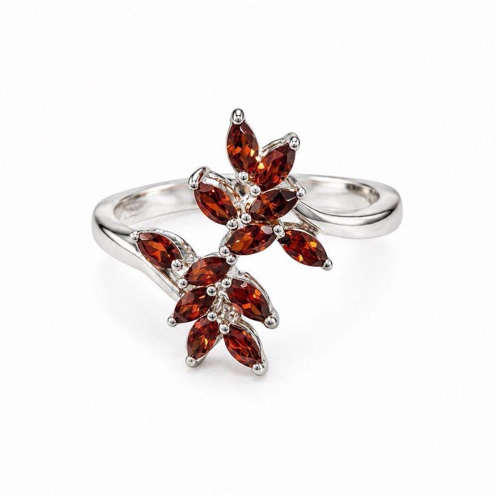 925 Sterling Silver garnet Flower Ring Adjustable